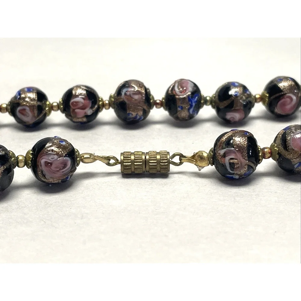 Vintage Venetian Wedding Cake Glass Bead Necklace Black Pink Blue Gold 22 inch